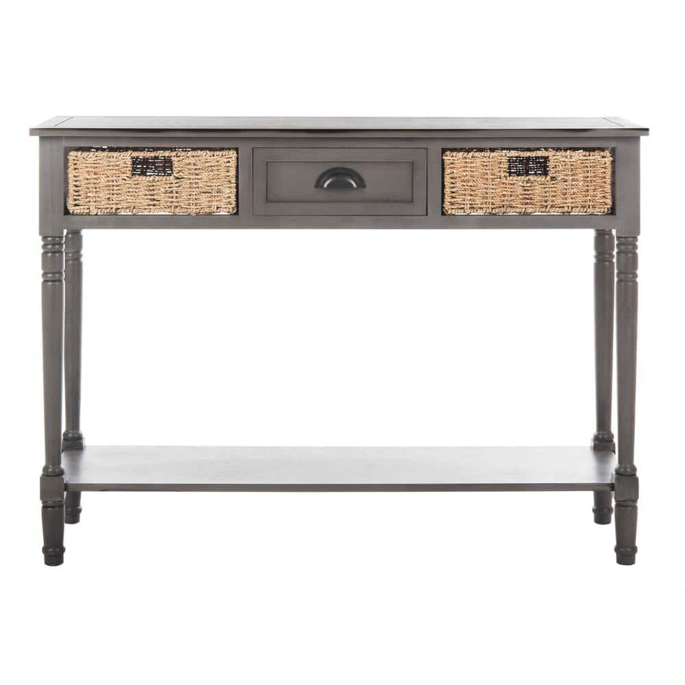 Gray Transitional Wood Console Table with Wicker Storage