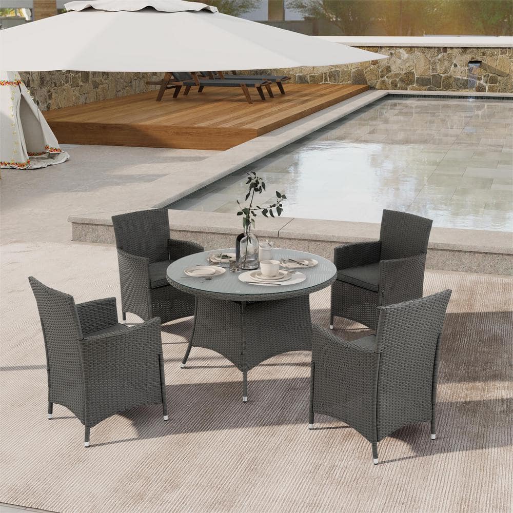 5-Piece Wicker Outdoor Dining Set with Cushions, Round Tempered Glass Table