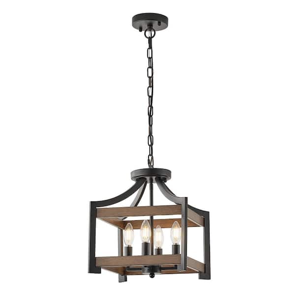 Farmhouse 4-Light Black Square Chandelier with Faux Wood for Dining Room