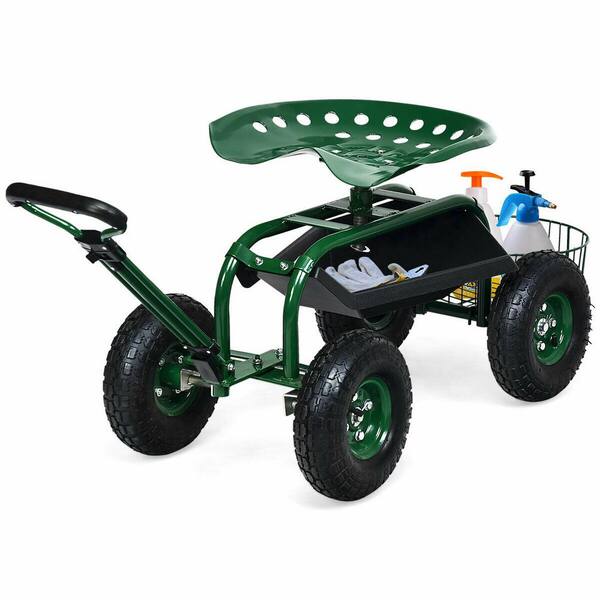 38 in. Green and Black Metal Workseat Rolling Garden Cart with Tool Tray