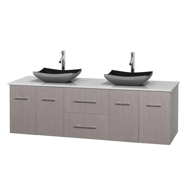 Wyndham Collection Centra 72 in. Double Vanity in Gray Oak with Solid-Surface Vanity Top in White and Black Granite Sinks