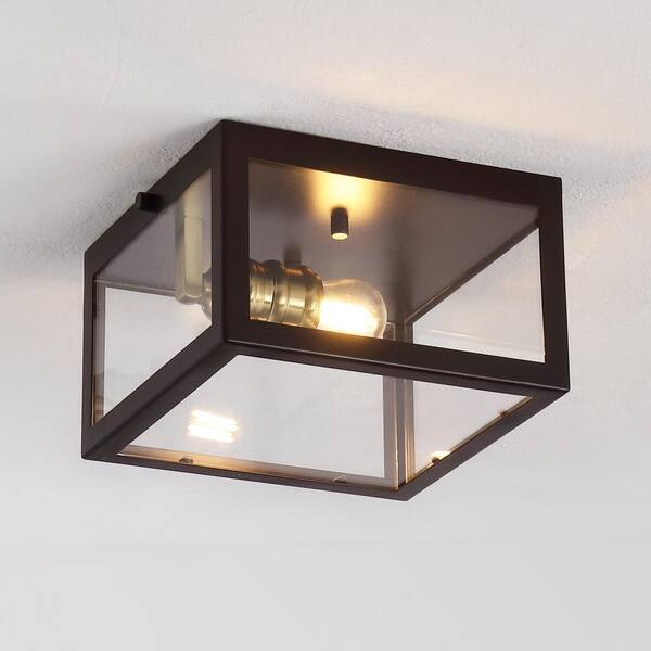 Jonathan Y Plains Mini Lantern 12 in. 4-Light Oil Rubbed Bronze Iron Modern Farmhouse LED Flush Mount