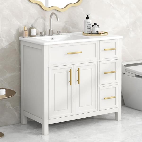 36 in. Freestanding White Bath Vanity with White Ceramic Sink Top 2 Doors and 3 Drawers