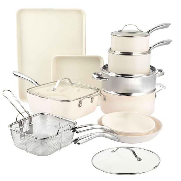 Natural Collection 15-Piece Aluminum Ultra Performance Ceramic Nonstick Cookware and Bakeware Set in Cream