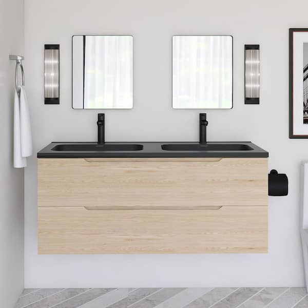 JimsMaison 47.24 in. W x 18.90 in. D x 20.39 in. H Wall-Mounted Bath Vanity in Evita Oak with Black Engineered Quartz Composite Top