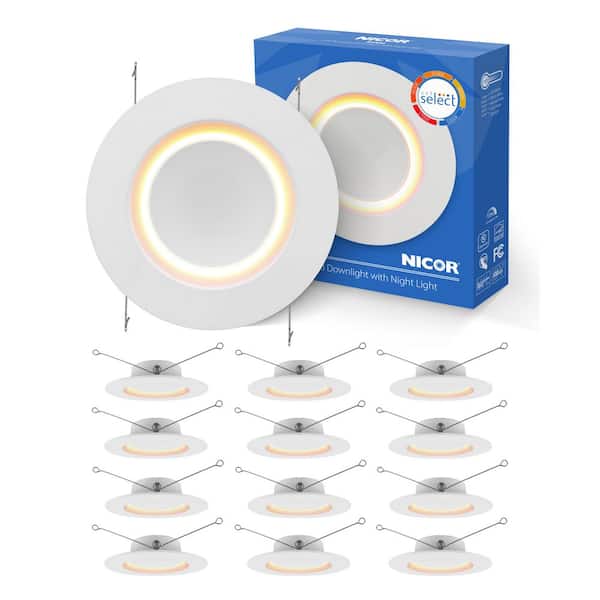 NICOR RDN 5/6 in. White Baffle Selectable CCT Housing Required Integrated LED Recessed Light Trim with Nightlight, 12-Pack