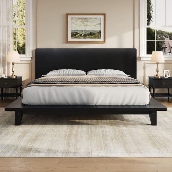 Black Pine Wood Frame Full Platform Bed with Headboard and Wood Slat