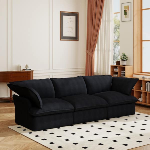 Wide Deep Seat 123 in. Flared Arm 3-piece Linen Modular Cloud Sectional Sofa with Washable Cover, Thick Cushion in Black