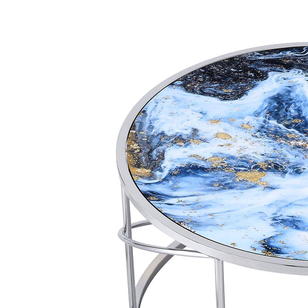 Blue Marble Print and Chrome Round Coffee Table