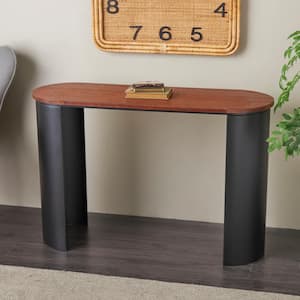47 in. Black Extra Large Oval Metal Curved Support Console Table with Brown Oval Wood Top