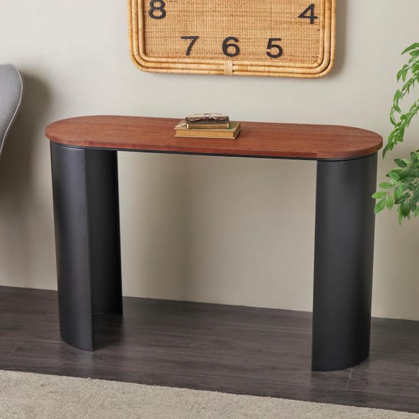 Litton Lane 47 in. Black Extra Large Oval Metal Curved Support Console Table with Brown Oval Wood Top