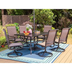 Black 8-Piece Metal Rectangle Patio Outdoor Dining Set with Slat Table and Textilene Swivel Chairs