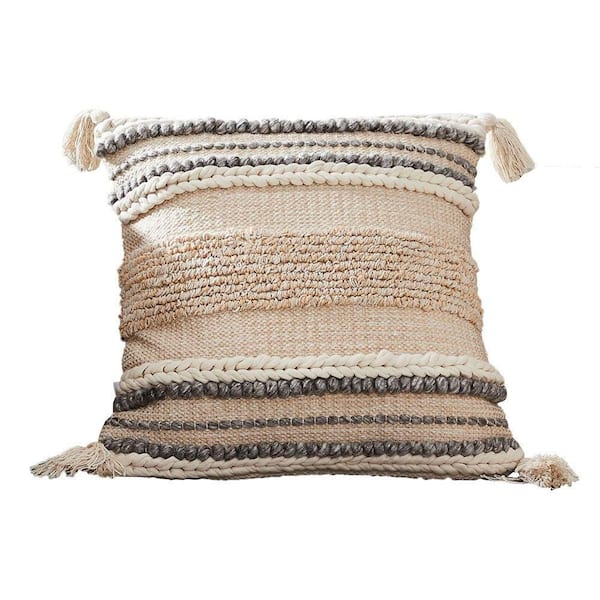 Benjara Beige and Gray Textured Tassels Decorative 18 in. x 18 in. Throw Pillow Cover