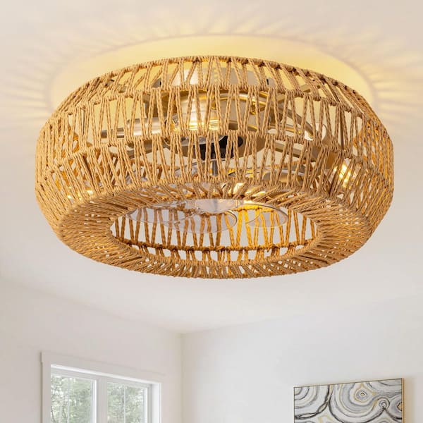 20 in. Indoor Boho Rattan Caged Gold Low Profile Bladeless Ceiling Fan with Light and Remote, Flush Mount Ceiling Fan