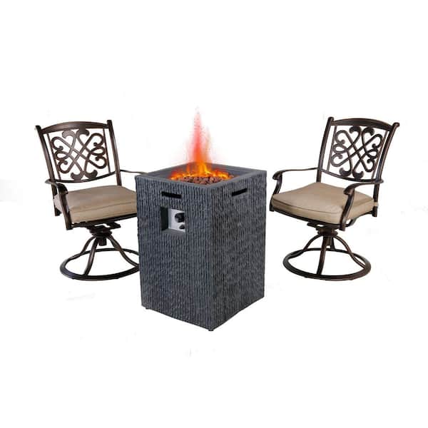Mondawe BOB Dark Gold 3-Piece Cast Aluminum Patio Fire Pit Seating Set with Beige Cushion, 2 Swivel Chairs, for Garden Yard