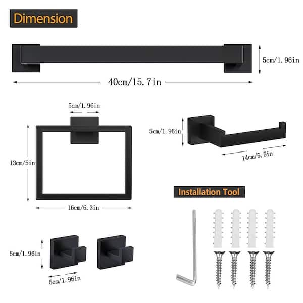 5 Piece Stainless Steel Bathroom Hardware Accessories Set, Includes Bar, Ring, Paper Holder, Hooks in Matte Black