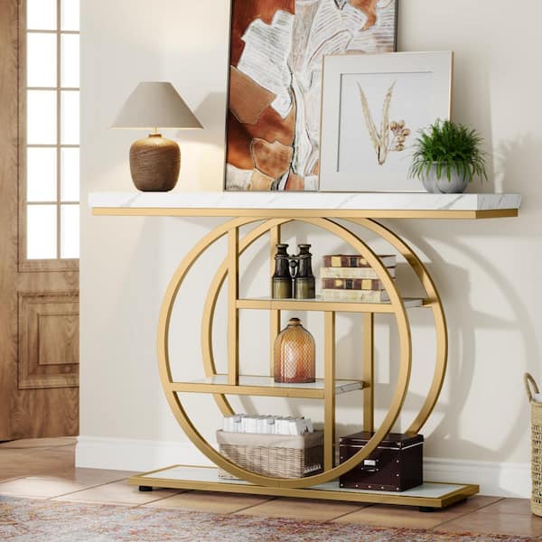 BYBLIGHT Turrella 41.3 in. White Gold Rectangle Wood Console Table, Industrial 4-Tier Sofa Table Entryway Table with Circle Base