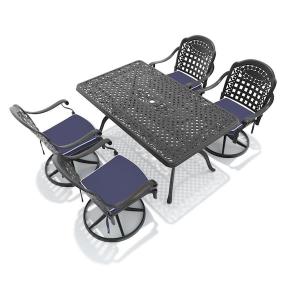 5-Piece Black Cast Aluminum Patio Outdoor Dining Set with Rectangular Table and 4 Swivel Chairs with Blue Cushions