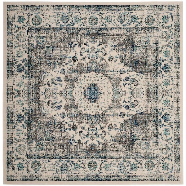 Evoke9 ft. x 9 ft. Gray/Ivory Square Border Medallion Distressed Area Rug