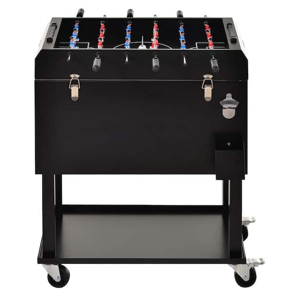 Outsunny Black Patio Cooler Ice Chest Cart with Foosball Table Top, Built-In Bottle Opener and Water Drainage Hole