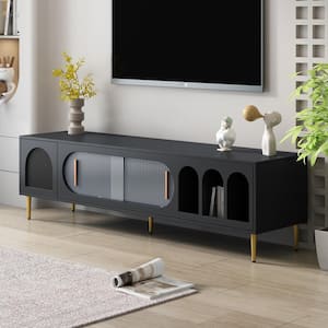 Modern TV Console, TV Stand Fits TV's up to 70 in. with 3 Shelves and 2 Cabinets, Brown