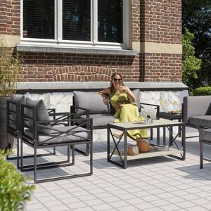 4-Piece Metal Outdoor Patio Conversation Set with Grey Cushions