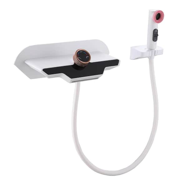 Single-Handle Wall-Mount Roman Tub Faucet with Hand Shower Digital Display Waterfall Bathtub Filler with Valve in. White
