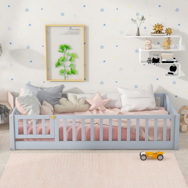 Gray Rubber Wood Frame Twin Platform Bed with Fence,Door,Rubber Wood and Safety Guardrails