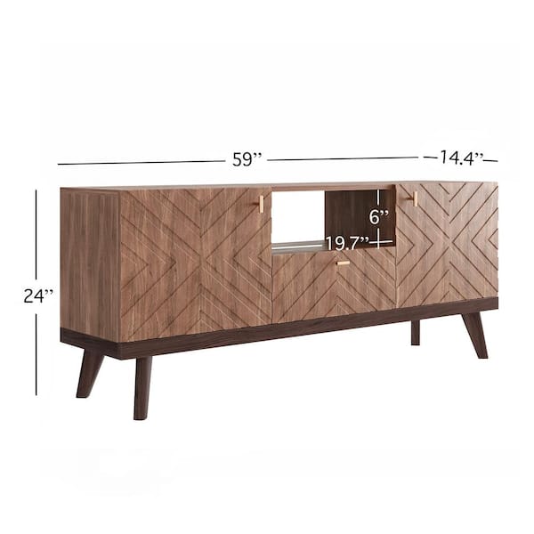 Welwick Designs 58 in. Caramel Solid Wood TV Stand Fits TVs Up to 65 in. with Cutout Cabinet Handles