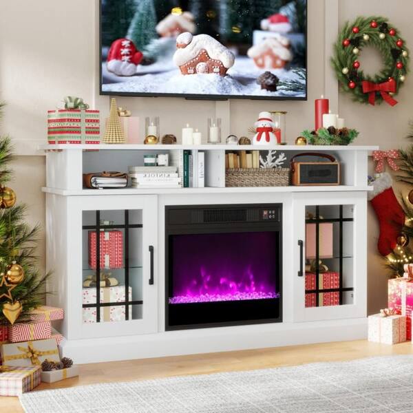 Clihome 48 in. Embedded Electric Fireplace TV Stand in White with