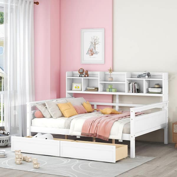 Harper & Bright Designs White Full Size Wood Daybed with Bedside Shelves and 2-Drawers