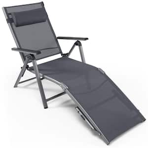 Patio Folding Aluminum Metal Outdoor Chaise Lounge Chair Adjustable Back Armrest Headrest