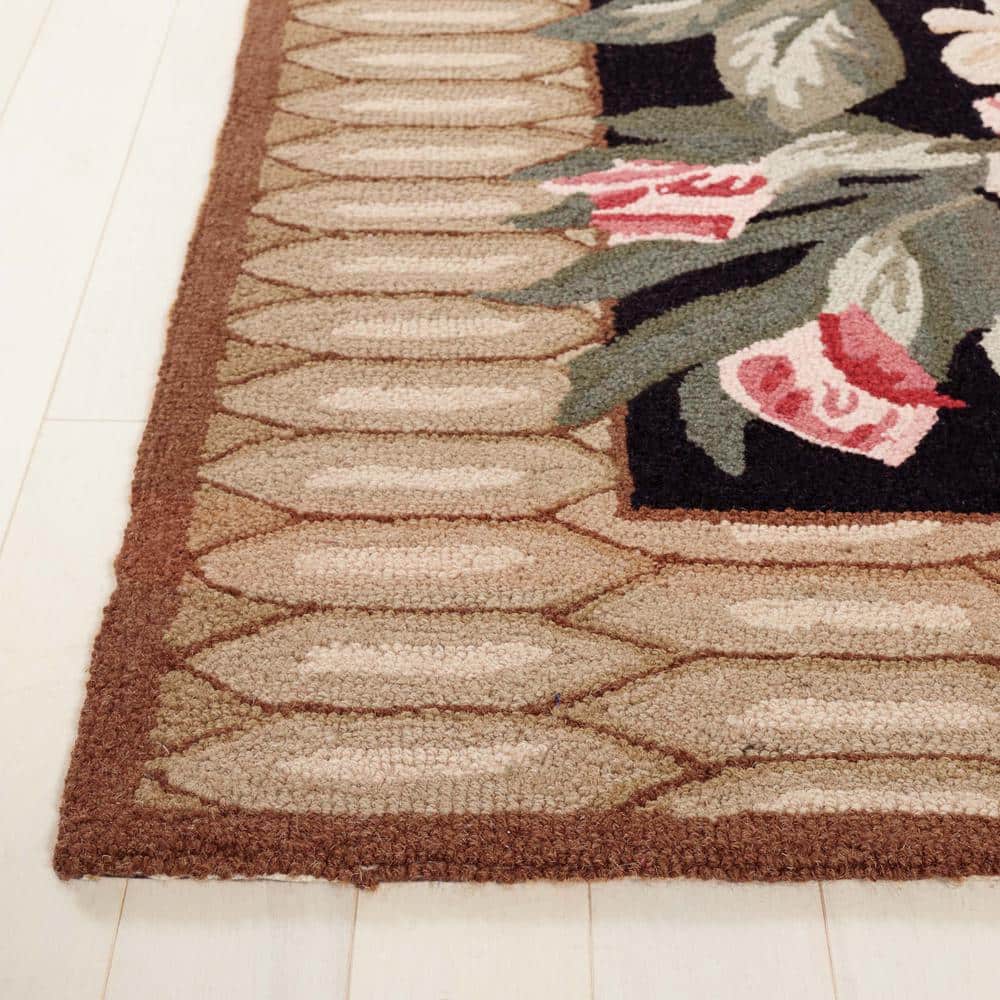 Handmade Black Floral Wool Rectangular Area Rug