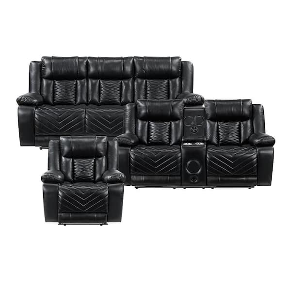 Durant 87 in. W Pillow Top Arm Faux Leather Rectangle 3-Piece Power Double Reclining Sofa Set in Black