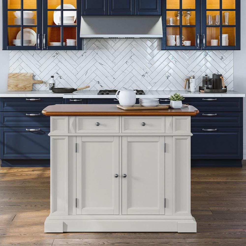Crisp White and Distressed Oak Finish Spacious Kitchen Island