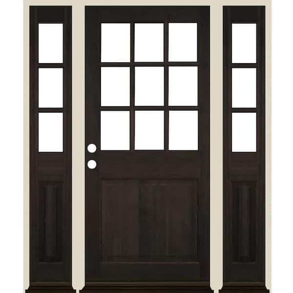 64 in. x 80 in. Farmhouse 9-Lite Clear Glass Right Hand Black Stain Hemlock Wood Prehung Front Door w/ DSL