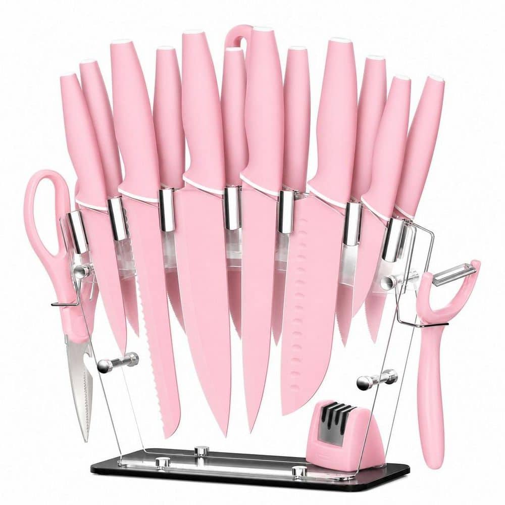 22-Piece High-Carbon Steel Knife Set with Clear Knife Block and Sharpener for Home Cooking, Space-Saving, Pink