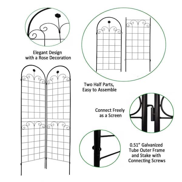 2-Pack 86.7 in. Height Metal Garden Rustproof Trellis Outdoor Flower Support with Pattern for Climbing Plants in Black