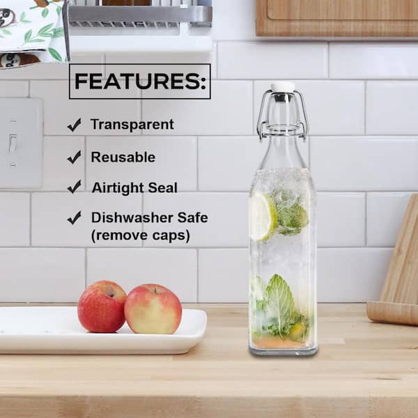 17 oz. Square Glass Bottles with Swing Top Stoppers, Bottle Brush, Fun