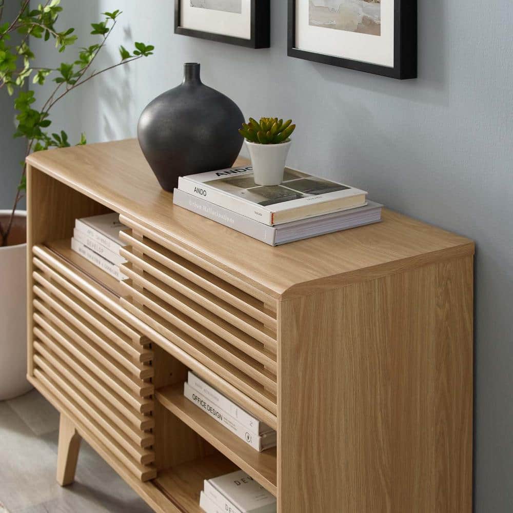 Mid-Century Oak Cabinet with Sliding Door