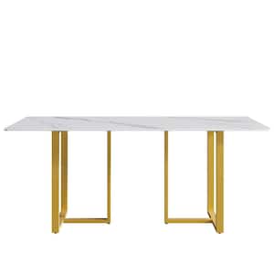 70.87 in. White Sintered Stone Rectangular Dining Table with Gold Metal Legs