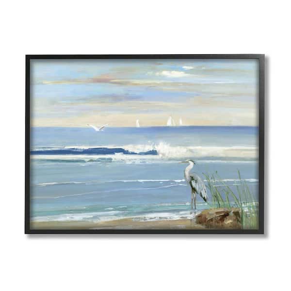 The Stupell Home Decor Collection Heron Splashing Beach Waves Design by Sally Swatland Framed Animal Art Print 30 in. x 24 in.