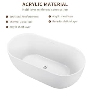 67 in. Acrylic Oval Shaped Freestanding Flatbottom Soaking Non-Whirlpool Bathtub in White Included Center Drain