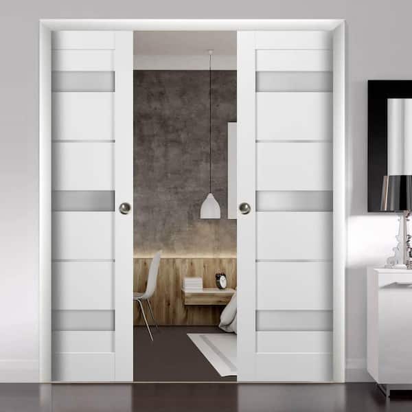 36 in. x 80 in. Panel White Finished Pine MDF Sliding Door with Double Pocket Kit