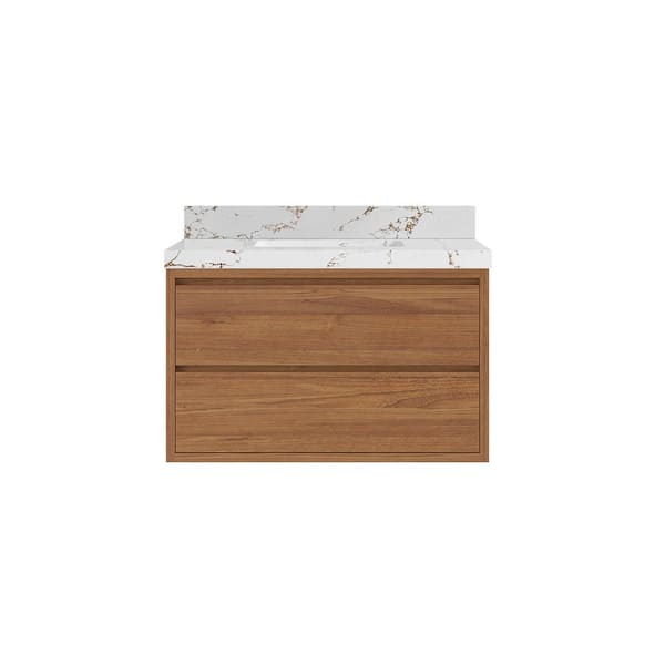 Willow Collections Madison Float 36 in. W x 22 in. D x 36 in. H Bathroom Vanity Center Sink in Dark Natural with 2 in. Viola Brown Qt. Top