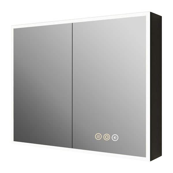 Flora 40 in. W x 32 in. H Rectangular Aluminum Medicine Cabinet with Mirror, Double Door, Wall/Recessed, LED Lighting