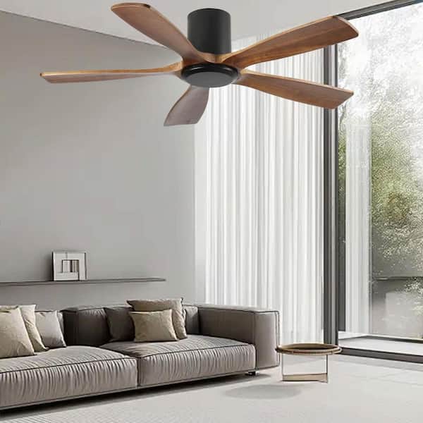 60 in. Black Flush Mount Ceiling Fan Without Light, Solid Wood Blades, Quiet Reversible DC Motor, Remote Control