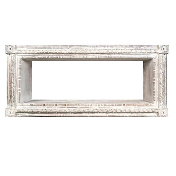 THE URBAN PORT 36.5 in. L x 6.75 in. W x 16.5 in. H Antique White Rectangular Mango Wood Wall Mounted Shelf with Carved Details