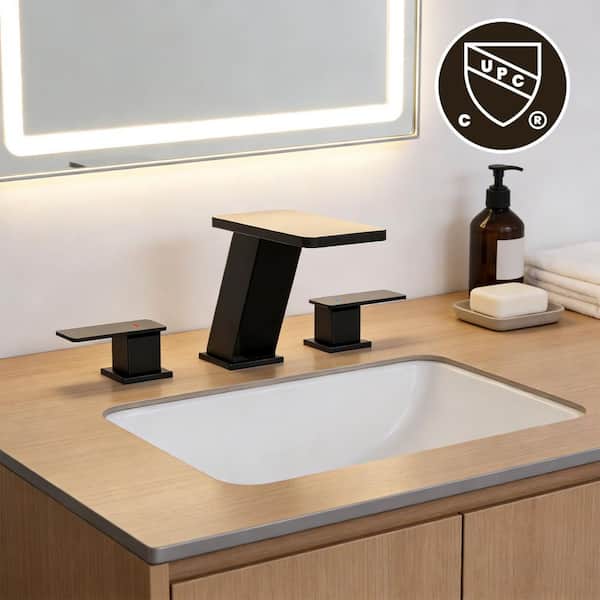 Elite 8 in. Waterfall Widespread 2-Handle Bathroom Faucet 3-Hole Bath Sink Faucet with Pop-Up Drain in Matte Black