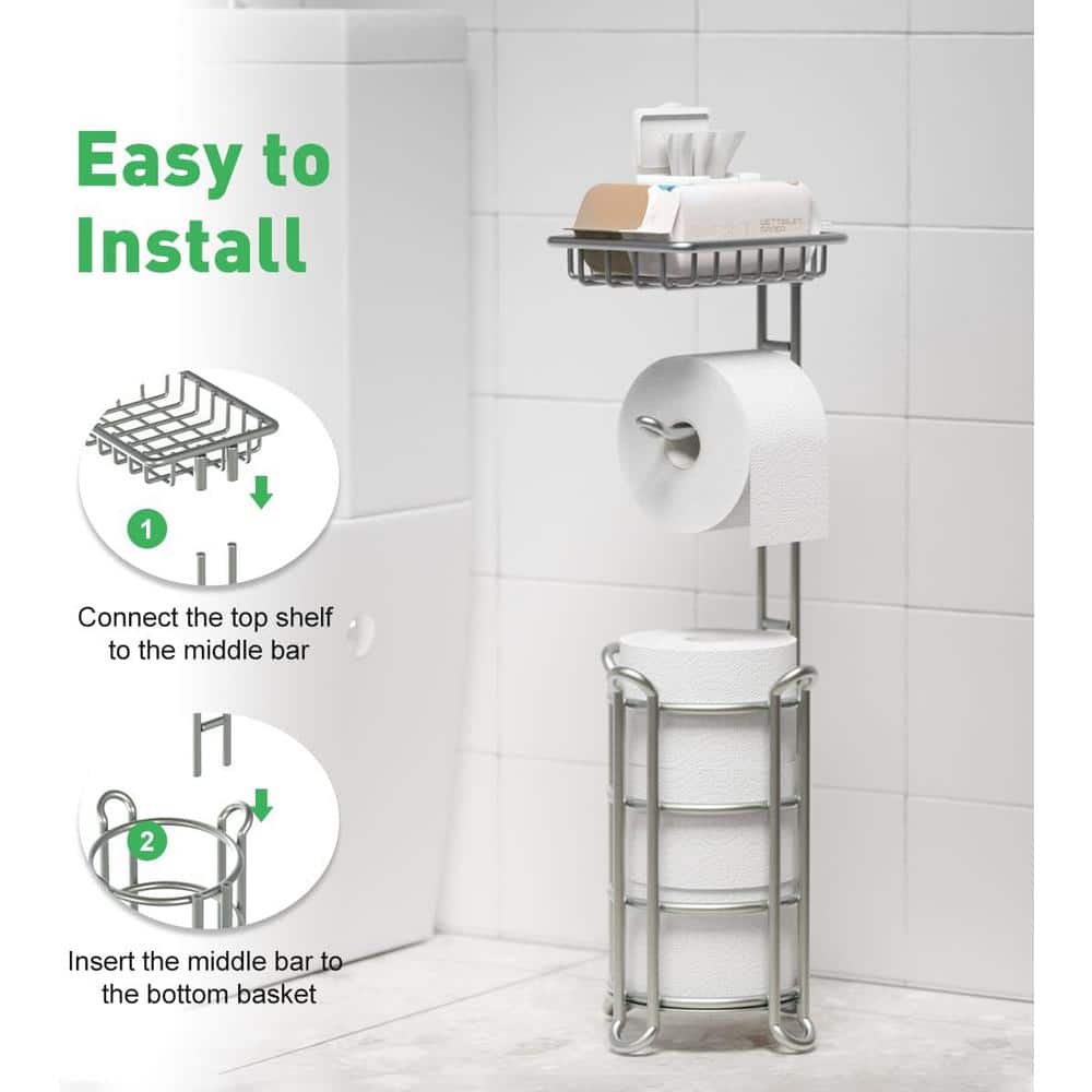 Silver Freestanding Toilet Paper Holder with Extra Storage Shelf